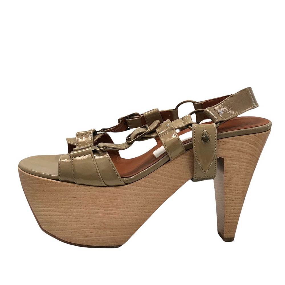 LANVIN PLATFORM WOOD/TAUPE LEATHER SANDALS SIZE 40
